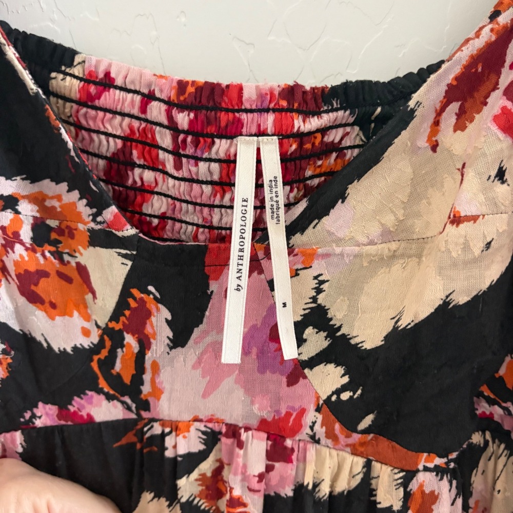 Anthropologie Blossom Maxi Dress Floral Puff Sleeve Smocked Tiered Black Pink M - Picture 5 of 7